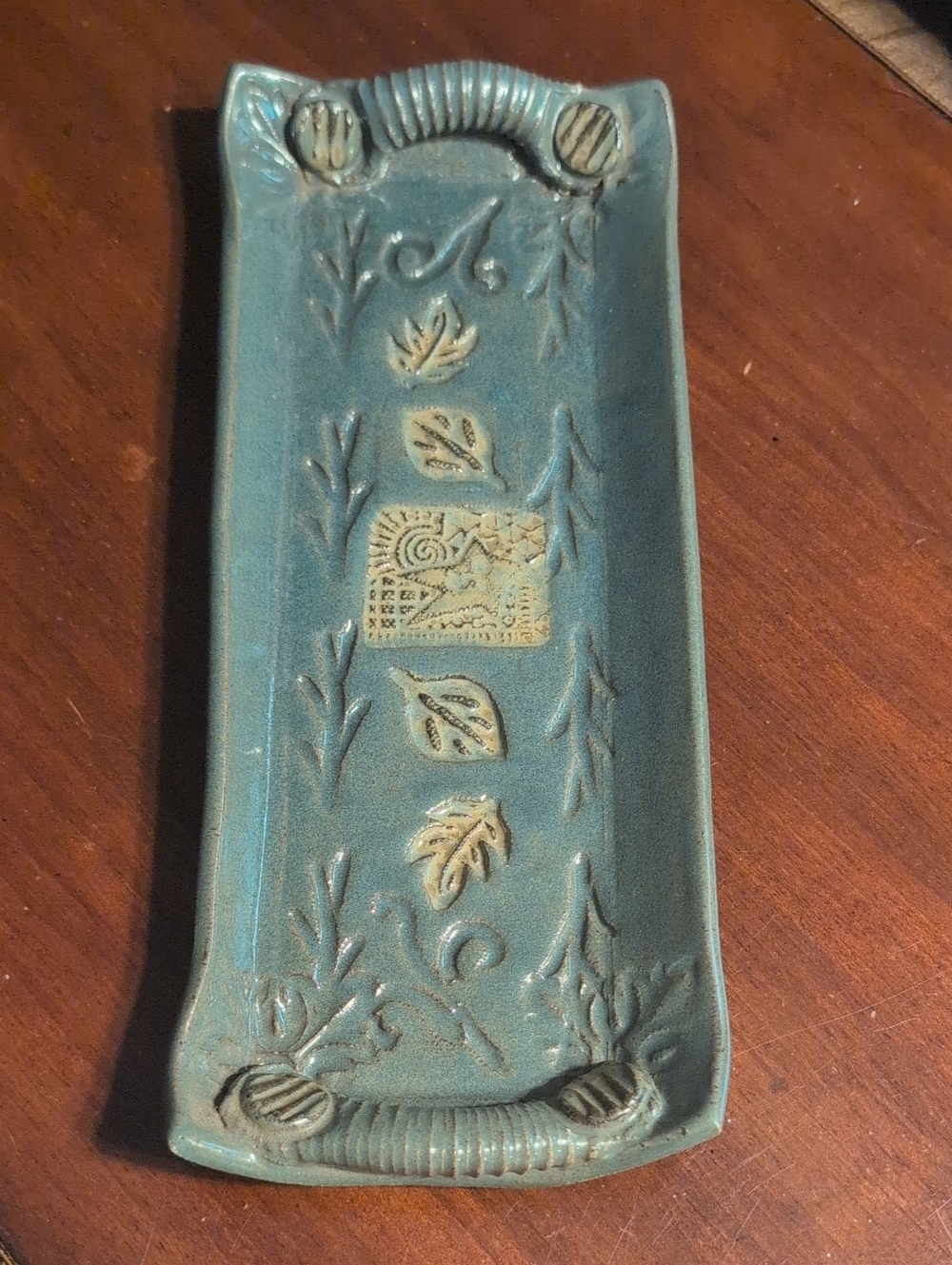 Vintage Hand Made Green Ceramic Decorative Tray with Leaf Motif
